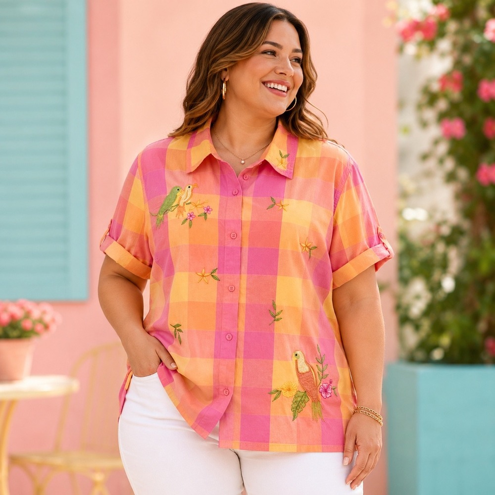 White Stag Y2K Parrot Embroidered Plaid Cotton Shirt Tropical Pink Orange 16W